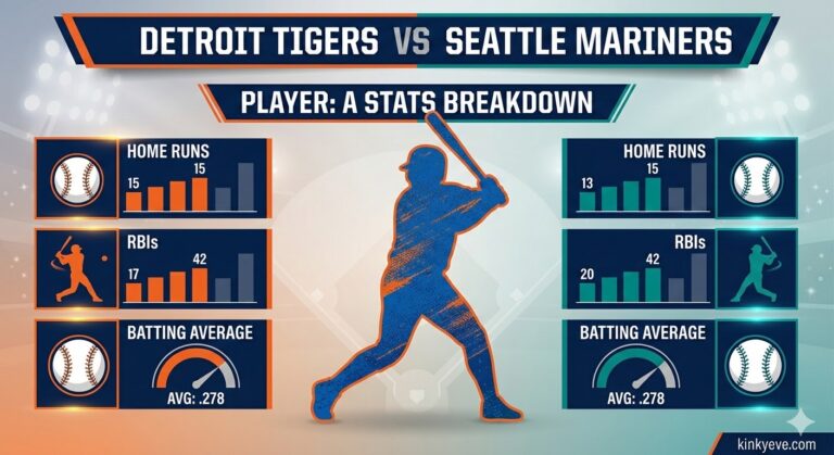 A professional sports infographic for a Detroit Tigers vs. Seattle Mariners match. The header reads 'DETROIT TIGERS VS SEATTLE MARINERS' in bold athletic fonts. Below it, a large section titled 'PLAYER: A STATS BREAKDOWN' features a generic baseball player silhouette. The layout includes statistical bars and icons for Home Runs, RBIs, and Batting Average. The color scheme is a mix of Tigers Navy/Orange and Mariners Navy/Teal. In the bottom corner, the text 'kinkyeve.com' is written in a clean, small font. High-quality graphic design style.