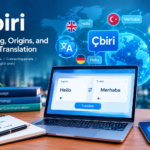 Çbiri digital translation concept featuring a laptop, multilingual speech bubbles, and global communication technology.