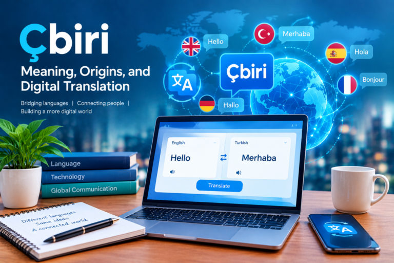 Çbiri digital translation concept featuring a laptop, multilingual speech bubbles, and global communication technology.
