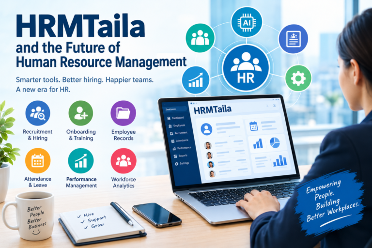 HRMTaila concept illustrating AI, employee management, recruitment, and digital human resource technology.